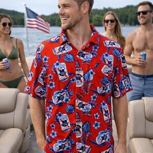 Pabst Blue Ribbon Men’s Hawaiian Shirt Medium Red Blue Floral PBR Beer Logo